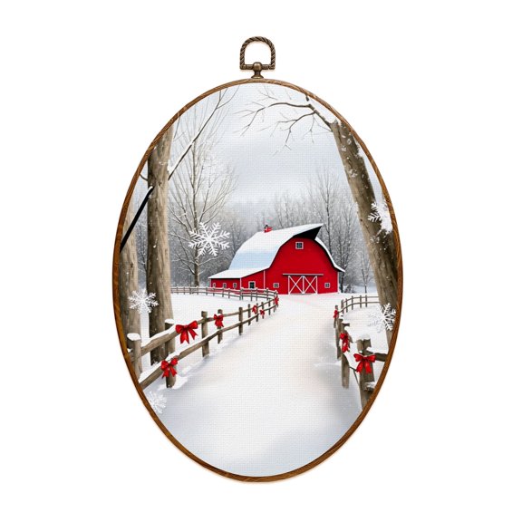 Canvas Wall Art Christmas Vintage Winter Snowy Forest Scene Red Barn Snow covered Oval Framed Canvas Prints Vintage Wall Hanging Decor for Home Office Decorations 8.6"x11.4"