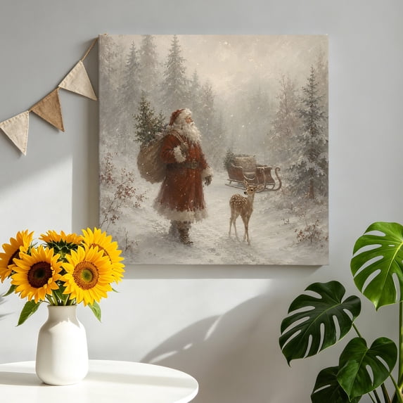 Canvas Wall Art Christmas Winter Canvas Art Print Classic Vintage Santa Claus Deer Sleigh Pine Pictures Wall Decor for Living Room Bedroom Artwork Decorations Stretched Framed Ready to Hang 8"x8"
