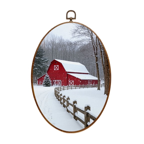 Canvas Wall Art Christmas Winter Snowy Forest Scene Vintage Red Barn Snow Covered Oval Framed Canvas Prints Vintage Wall Hanging Decor for Home Office Decorations 8.6"x11.4"