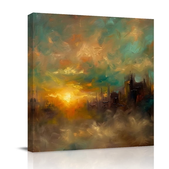 Canvas Wall Art City Sunset Landscape Canvas Art Print Gradient Clouds Modern Pictures Wall Decor for Living Room Bedroom Artwork Decorations Stretched Framed Ready to Hang 8"x8"