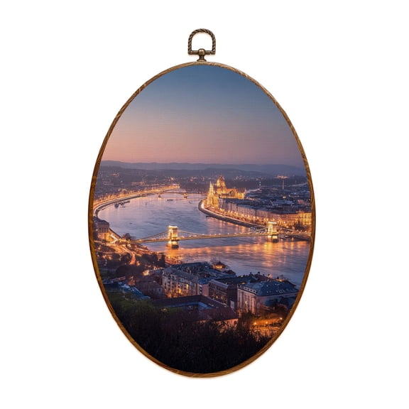 Canvas Wall Art Cityscape Budapest Hungary Night Day Oval Framed Canvas Prints Vintage Wall Hanging Decor for Home Decorations 8.6"x11.4"