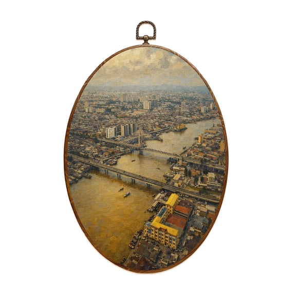 Canvas Wall Art Cityscape Lagos Marina Ring road House Oval Framed Canvas Prints Vintage Wall Hanging Decor for Home Bathroom Decorations Gift for Mom Women 8.6"x11.4"