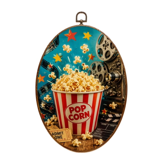 Canvas Wall Art Classic Fashion Cinema Film Reels Bar Pub Popcorn Reel Movie Projector Oval Framed Canvas Prints Vintage Wall Hanging Decor for Home Decorations 8.6"x11.4"