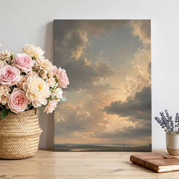 Canvas Wall Art Cloudscape Canvas Art Print Beige Clouds Morning Sunburst Modern Sky Dramatic Pictures Wall Decor for Living Room Bedroom Artwork Decorations Stretched Framed Ready to Hang 8"x10"