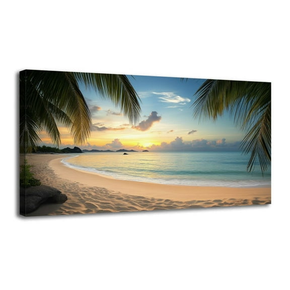 Canvas Wall Art Coast Landscape Seascape Ocean Tropic Beach Sunset Palm Tree Leaves Wall Decor for Living Room Bathroom Bedroom Office 20" x 40" Art Paintings, Ready to Hang