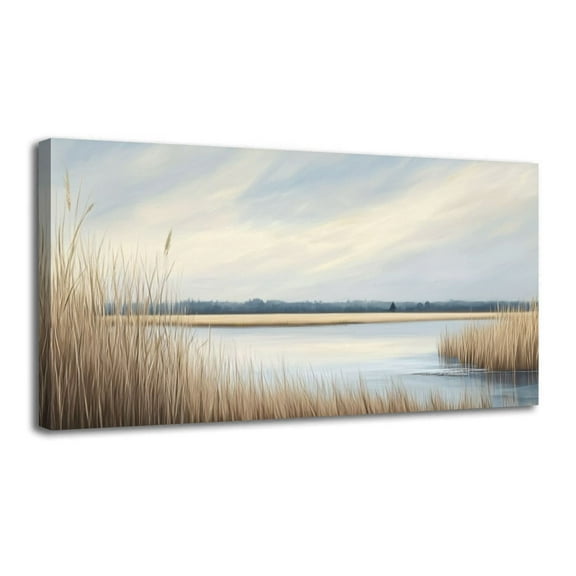 Canvas Wall Art Coastal Abstract Landscape Beach Ocean Marsh Calming Soft Blue Beige Wall Decor for Living Room Bathroom Bedroom Office 30" x 60" Art Paintings, Ready to Hang
