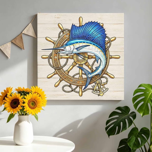 Canvas Wall Art Coastal Anchor Canvas Art Print Summer Blue Swordfish Gold Ship Wheel Wood Grain Pictures Wall Decor for Living Room Bedroom Artwork Decorations Stretched Framed Ready to Hang 16"x16"