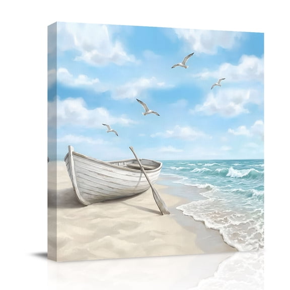 Canvas Wall Art, Coastal Beach Framed Canvas Prints for Bathroom Desk, Summer Ocean Sea Waves Nautical Sky Blue Small Gallery Wrapped Wall Decor for Home Office, Gifts, 8"x8" Ship Next Day