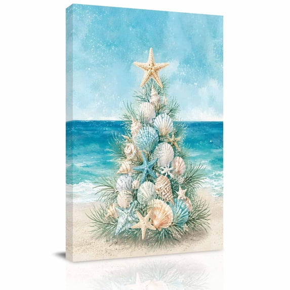Canvas Wall Art, Coastal Christmas Framed Canvas Prints for Living Room Dining Room, Winter Beach Xmas Tree Shell Conch Extra Large Gallery Wrapped Wall Decor for Home Office, Gifts, 22"x28"