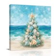 thumbnail image 1 of Canvas Wall Art, Coastal Christmas Tree Framed Canvas Prints for Living Room Bathroom, Beach Sea Starfish Xmas Snowflake Gallery Wrapped Wall Decor for Home Office, Gifts, 12"x12" Ship Next Day, 1 of 9