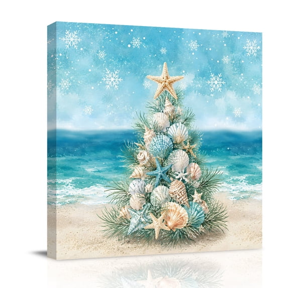 Canvas Wall Art, Coastal Christmas Tree Framed Canvas Prints for Living Room Bathroom, Beach Sea Starfish Xmas Snowflake Gallery Wrapped Wall Decor for Home Office, Gifts, 12"x12" Ship Next Day