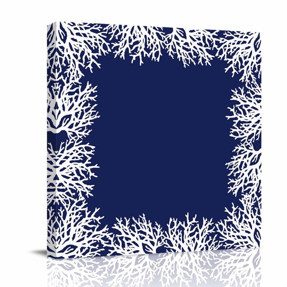 Canvas Wall Art, Coastal Coral Framed Canvas Prints for Bathroom Desk, Navy Blue Ocean Marine Nautical Beach Small Gallery Wrapped Wall Decor for Home Office, Gifts, 8"x8" Ship Next Day