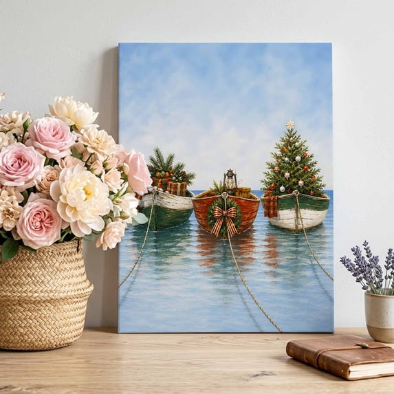 Canvas Wall Art, Coastal Nautical Christmas Framed Canvas Prints for Living Room Bedroom, Ocean Sailboat Xmas Trees Gallery Wrapped Wall Decor for Home Office, Gifts, 12"x16" Ship Next Day