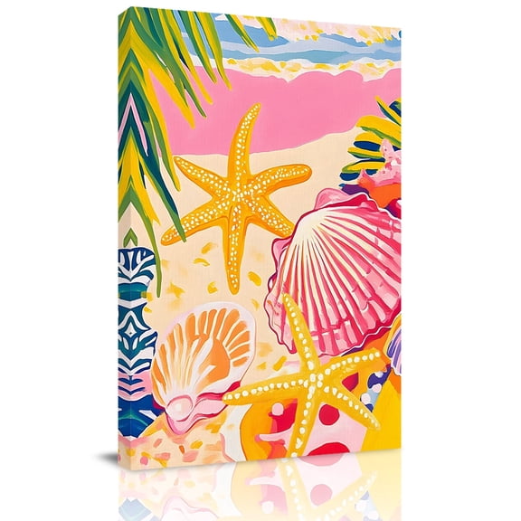 Canvas Wall Art Coastal Summer Canvas Art Print Yellow Starfish Pink Shell Watercolor Beach Abstract Pictures Wall Decor for Living Room Bedroom Decorations Stretched Framed Ready to Hang 20"x30"
