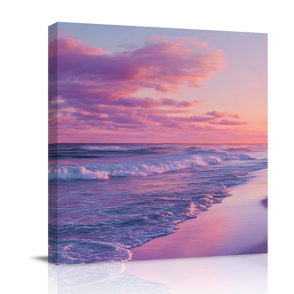 Canvas Wall Art, Coastal Sunset Framed Canvas Prints for Bathroom Desk, Pink Dreamy Summer Beach Ocean Wave Small Gallery Wrapped Wall Decor for Home Office, Gifts, 8"x8" Ship Next Day