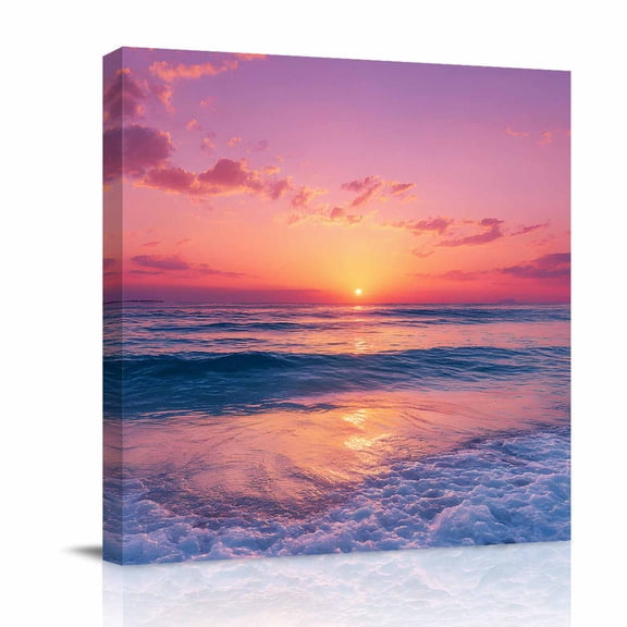 Canvas Wall Art, Coastal Sunset Framed Canvas Prints for Bathroom Desk, Summer Beach Seaside Ocean Waves Small Gallery Wrapped Wall Decor for Home Office, Gifts, 8"x8" Ship Next Day