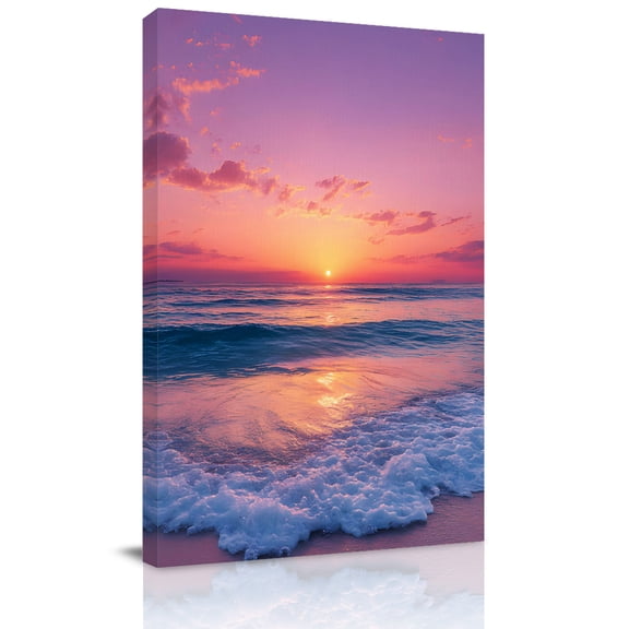 Canvas Wall Art, Coastal Sunset Framed Canvas Prints for Bathroom Hallway, Summer Beach Seaside Ocean Waves Small Gallery Wrapped Wall Decor for Home Office, Gifts, 8"x10" Ship Next Day