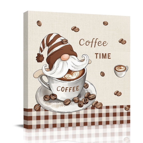Canvas Wall Art, Coffee Gnomes Framed Canvas Prints for Bathroom Desk, Brown Buffalo Plaid Check Farmhouse Small Gallery Wrapped Wall Decor for Home Office, Gifts, 8"x8" Ship Next Day