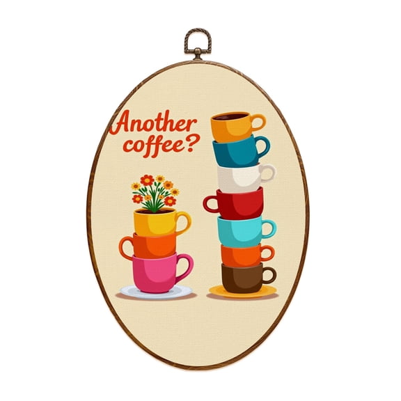 Canvas Wall Art Colorful Coffee Cup Trendy Fun Modern Aesthetic Symmetrical Floral Oval Framed Canvas Prints Vintage Wall Hanging Decor for Kitchen Home Office Cafe Station 8.6"x11.4"