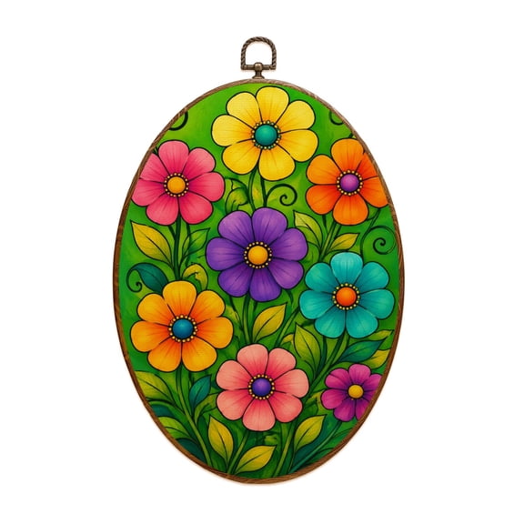 Canvas Wall Art Colorful Hand Drawn Flowers Whimsical Swirls Green Oval Framed Canvas Prints Vintage Wall Hanging Decor for Home Decorations 8.6"x11.4"