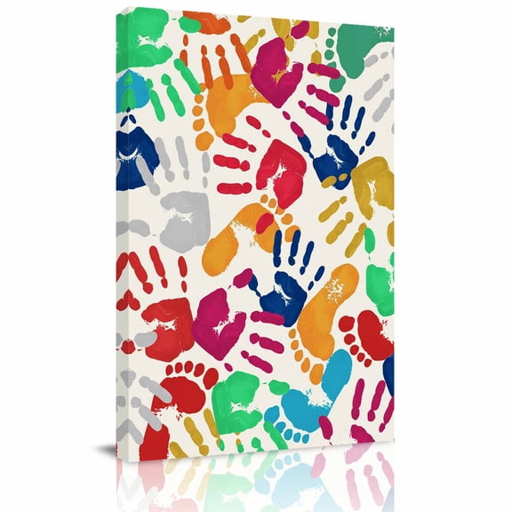 Canvas Wall Art, Colorful Handprints Framed Canvas Prints for Kitchen Bedroom, Rainbow Abstract Hand Foot Prints Small Gallery Wrapped Wall Decor for Home Office, Gifts, 8"x12" Ship Next Day