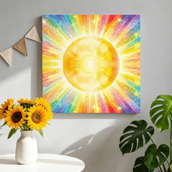 Canvas Wall Art Colorful Sun Canvas Art Print Cartoon Watercolor Red Yellow Blue Sunshine Stars Pictures Wall Decor for Living Room Bedroom Artwork Decorations Stretched Framed Ready to Hang 12"x12"