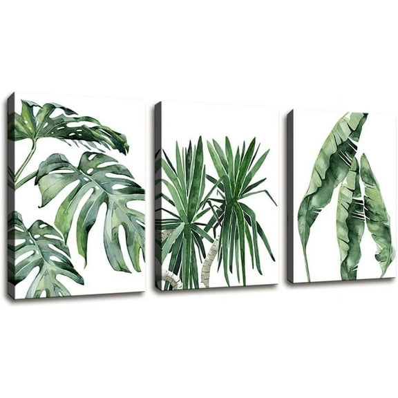 Canvas Wall Art Contemporary Simple Green Leaf Painting Wall Art Decor - 3 Panels Framed Canvas Prints Small Fresh Tropical Plants Watercolor Giclee Ready to Hang Home Decorations Office Decor Gift