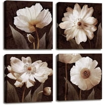 Canvas Wall Art Contemporary Simple Life White Flowers Floral Canvas Painting Pictures for Home Bedroom Decor - 4 Panels Framed Artwork Canvas Prints Brown Giclee Poster for Living Room Bathroom Decor