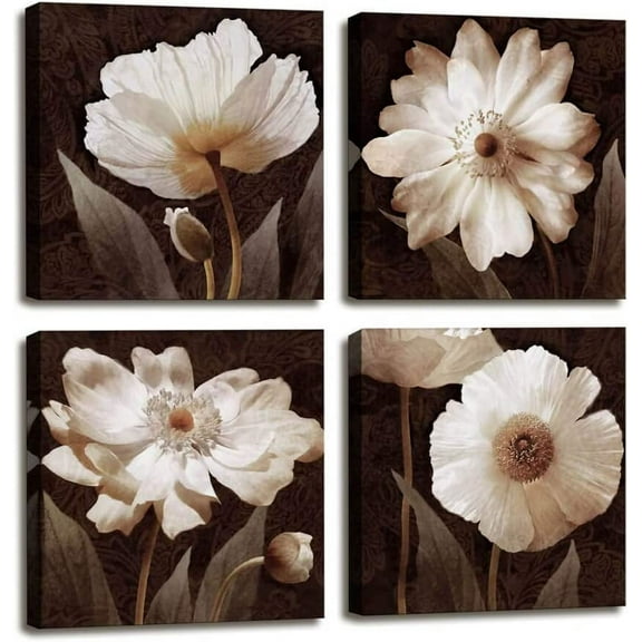 Canvas Wall Art Contemporary Simple Life White Flowers Floral Canvas Painting Pictures for Home Bedroom Decor - 4 Panels Framed Artwork Canvas Prints Brown Giclee Poster for Living Room Bathroom Decor