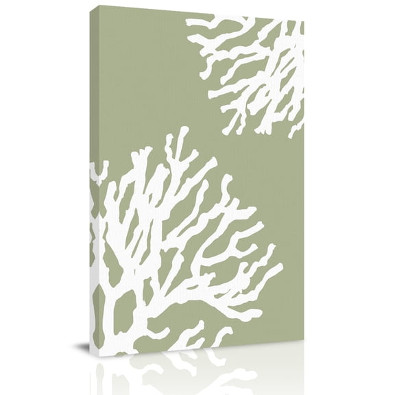 Canvas Wall Art, Coral Sage Green Framed Canvas Prints for Living Room Dining Room, Coastal White Ocean Marine Nautical Beach Gallery Wrapped Wall Decor for Home Office, Gifts, 22"x28" Ship Next Day