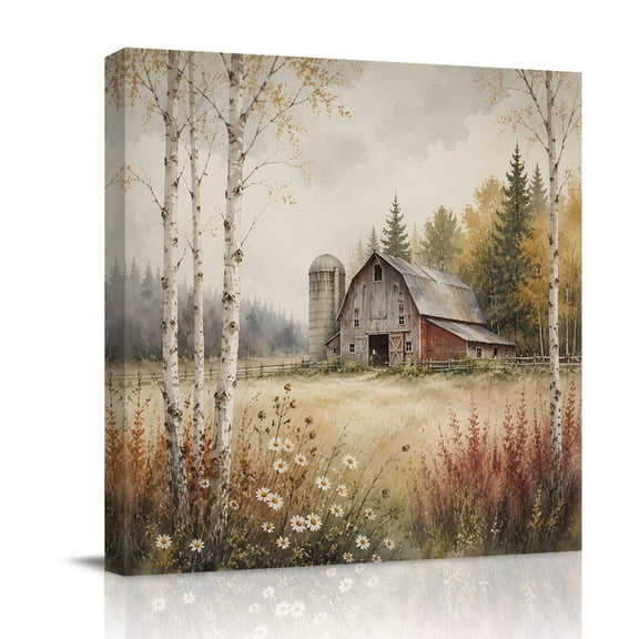 Canvas Wall Art, Country Barn Framed Canvas Prints for Bathroom Desk, Winter Birch Trees Wildflowers Forest Small Gallery Wrapped Wall Decor for Home Office, Gifts, 8"x8" Ship Next Day