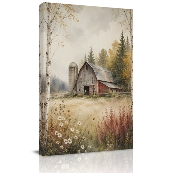 Canvas Wall Art, Country Barn Framed Canvas Prints for Hallway Living Room, Winter Birch Trees Wildflowers Forest Extra Large Gallery Wrapped Wall Decor for Home Office, Gifts, 20"x30" Ship Next Day