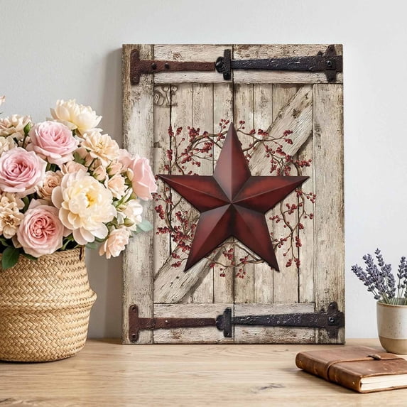 Canvas Wall Art Country Star Canvas Art Print Vintage Dark Black Red Star Berry Beige Barn Gate Pictures Wall Decor for Living Room Bedroom Artwork Decorations Stretched Framed Ready to Hang 8"x10"