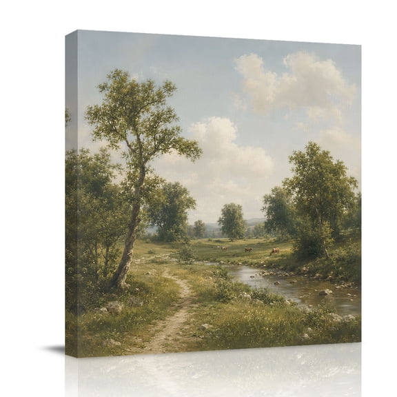 Canvas Wall Art, Country Stream Framed Canvas Prints for Bathroom Desk, Rustic Path Green Trees Grassland Pastoral Small Gallery Wrapped Wall Decor for Home Office, Gifts, 8"x8" Ship Next Day