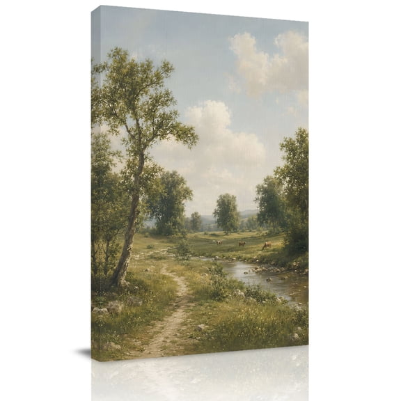 Canvas Wall Art, Country Stream Framed Canvas Prints for Living Room Office, Rustic Path Green Trees Grassland Pastoral Large Gallery Wrapped Wall Decor for Home Office, Gifts, 16"x24" Ship Next Day