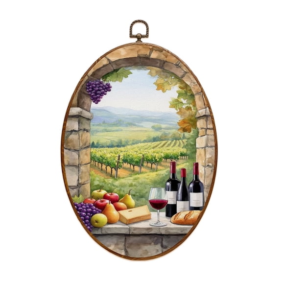 Canvas Wall Art Country Wine Rustic Wine Lover Vineyard Wine Bottles Grapes Cheese Oval Framed Canvas Prints Vintage Wall Hanging Decor for Kitchen Dining Room Bar Home Restaurant 8.6"x11.4"