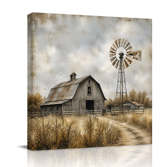Canvas Wall Art, Countryside Landscape Framed Canvas Prints for Bathroom Desk, Rustic Wooden Barn Windmill Brown Small Gallery Wrapped Wall Decor for Home Office, Gifts, 8"x8" Ship Next Day