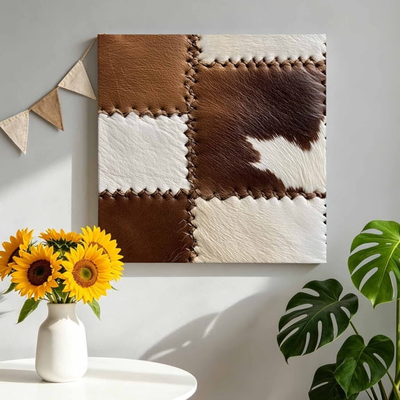 Canvas Wall Art Cow Cowhide Canvas Art Print Abstract Brown Seam Leather Pictures Wall Decor for Living Room Bedroom Artwork Decorations Stretched Framed Ready to Hang 10"x10"