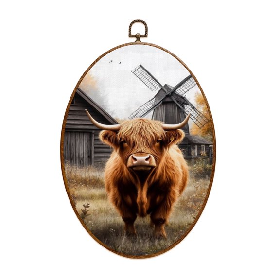 Canvas Wall Art Cow Old Barn Modern Highland Cow Windmill Farmhouse Nature Rustic Oval Framed Canvas Prints Vintage Wall Hanging Decor for Office Kitchen Bathroom Gifts For Women 8.6"x11.4"