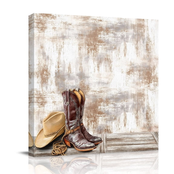 Canvas Wall Art Cowboy Boots Canvas Art Print Western Cowboy Hat Ropes Boots Gradient Brown Pictures Wall Decor for Living Room Bedroom Artwork Decorations Stretched Framed Ready to Hang 8"x8"
