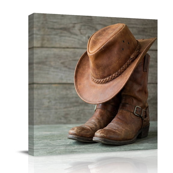 Canvas Wall Art Cowboy Hats Canvas Art Print Western Cowboy Boots Vintage Wood Grain Pictures Wall Decor for Living Room Bedroom Artwork Decorations Stretched Framed Ready to Hang 8"x8"