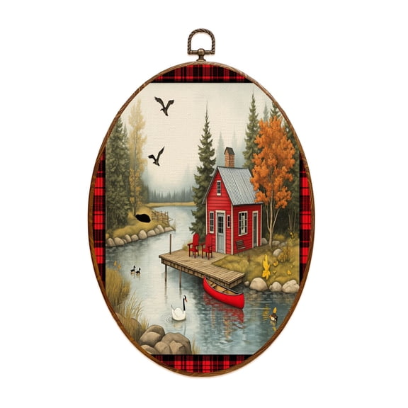 Canvas Wall Art Cozy Red Cabin by Lake Autumn Oval Framed Canvas Prints Vintage Wall Hanging Decor for Home Decorations Gifts for Mom Nana Women 8.6"x11.4"