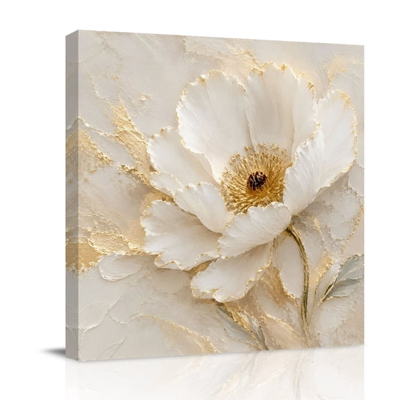 Canvas Wall Art, Cream Gold Flowers Framed Canvas Prints for Bathroom Desk, Modern Abstact Oil Painting Floral Small Gallery Wrapped Wall Decor for Home Office, Gifts, 8"x8" Ship Next Day