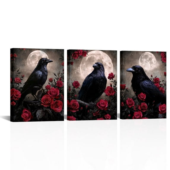 Canvas Wall Art Crow Canvas Wall Art Gothic Crow with Rose Painting Spooky Pictures Bathroom Bedroom Wall Decor (Red)12"x16"x3 Pcs