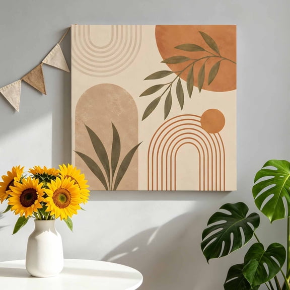 Canvas Wall Art Curved Arch Shapes Canvas Art Print Boho Minimalist Terracotta Beige Circle Leafy Pictures Wall Decor for Living Room Bedroom Artwork Decorations Stretched Framed Ready to Hang 8"x8"