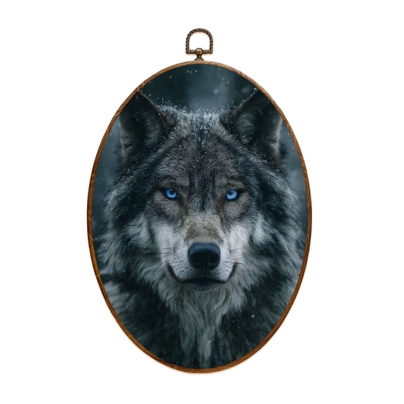 Canvas Wall Art Cute Animal Wolf Head Gem Arts Wolf Snow Blue Eyes Forest Winter Oval Framed Canvas Prints Vintage Wall Hanging Decor for Home Bedroom Nursery Living Room 8.6"x11.4"