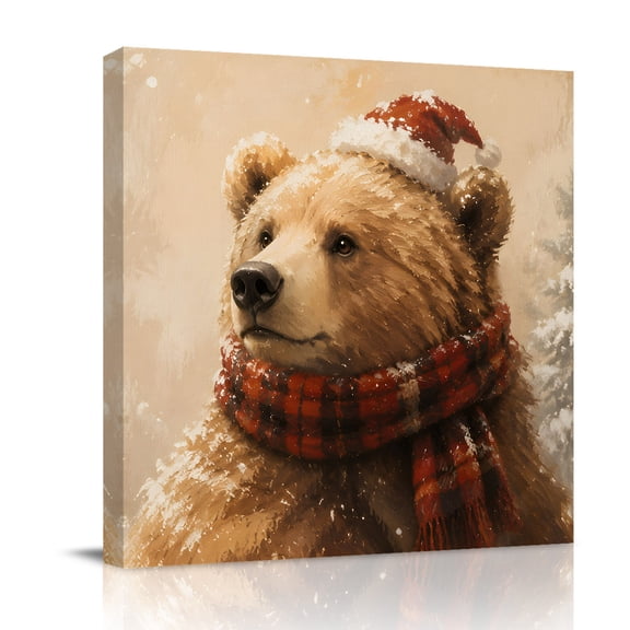 Canvas Wall Art, Cute Bear Framed Canvas Prints for Bedroom Office, Christmas Hat Wild Snowy Winter Rustic Large Gallery Wrapped Wall Decor for Home Office, Gifts, 16"x16" Ship Next Day