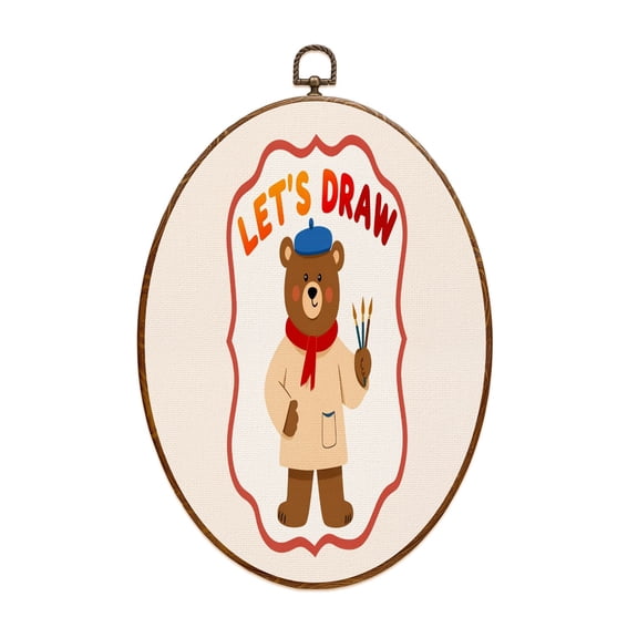 Canvas Wall Art Cute Bear Painter Brushes Red Oval Framed Canvas Prints Vintage Wall Hanging Decor for Home Decorations Gifts for Mom Nana Women 8.6"x11.4"
