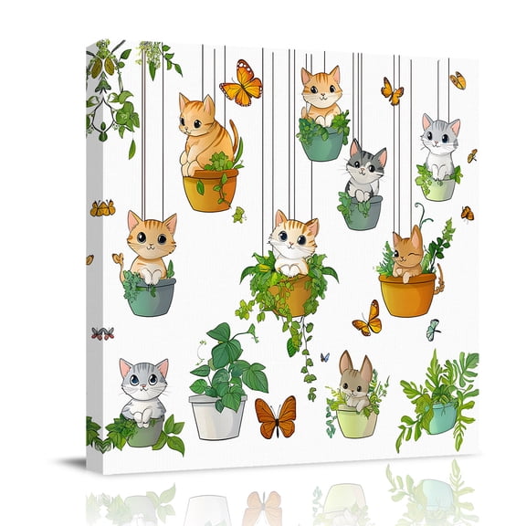 Canvas Wall Art, Cute Cartoon Framed Canvas Prints for Bedroom Office, Cat Butterfly Spring Floral Botanical Large Gallery Wrapped Wall Decor for Home Office, Gifts, 16"x16" Ship Next Day