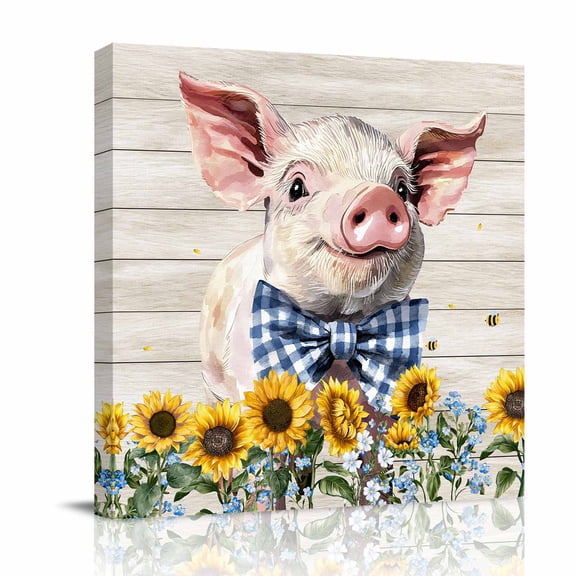 Canvas Wall Art, Cute Pig Framed Canvas Prints for Bathroom Desk, Yellow Sunflowers Beige Wooden Vintage Art Small Gallery Wrapped Wall Decor for Home Office, Gifts, 8"x8" Ship Next Day